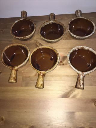 (6) Vintage Western Monmouth Pottery Handled Soup Bowl Brown Drip Maple Leaf