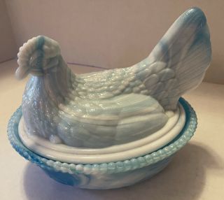 Large Vintage Hen On Nest - - Blue / White Slag Glass—kanawha