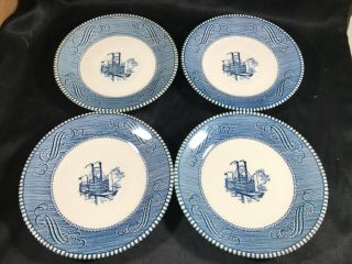 Set Of 4 Currier And Ives Blue Steamboat 6” Saucers