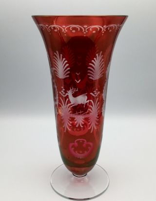Vintage Czech Bohemian Egermann Cut To Clear Crystal Stag & Forest Ruby Vase