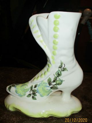 1945 Clinchfield Artware Cash Family 10 " Hightop Shoe Vase Green Roses Erwin Tn