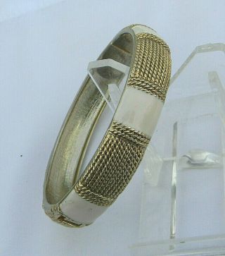 Vintage Ivory Colored Enamel Hinged Clamper Bangle Bracelet Goldtone Magnetic Cl