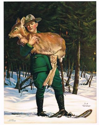 Vintage Calendar Print 1940s J.  F.  Kernan Park Ranger Injured Deer Winter Rare N7