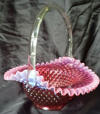Vintage Fenton Large Cranberry Opalescent Hobnail Art Glass Crimped Edge Basket