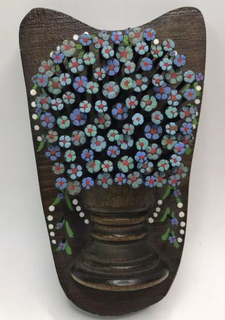 Vintage Retro Nail Head Art Wood Wall Plaque Folk Art Vase Of Flowers 8 "