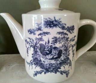 2002 Pantry Blue Rooster Teapot And Cups Classic Ceramics California.  3 - Pc Set