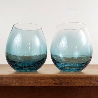 Pier 1 Set Of 2 Teal Blue Crackle Stemless Wine Glasses,  Aqua,