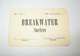 Breakwater Surfers Club Card 1962 Redondo Beach California Surfing