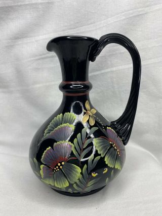 Fenton Art Glass Black Hand Painted By J Harrison Tropical Forest Pitcher Ewer