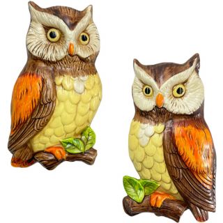 Vintage 1970s Pair Lefton Owl 382 Wall Hanging Plaques Ceramic Mcm Kitchen Decor
