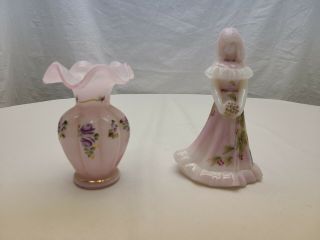 Vintage Fenton Glass Vase And Hand Painted Pink Burmese Glass Young Lady Shelley