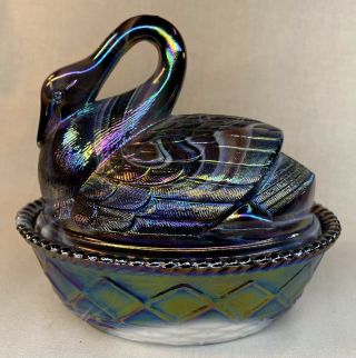 Westmoreland Art Glass Swan On Nest Purple Slag Carnival