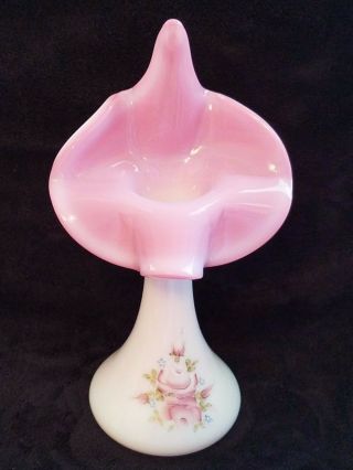 Fenton Rosalene Pink Roses Hand Painted Tulip Jack In Pulpit Vase 1991 Qvc