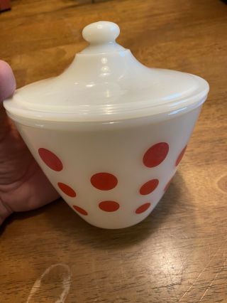 Vintage Fire King Red Polka Dots White Glass Grease Jar Bowl & Lid