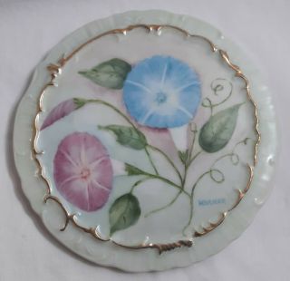 Vintage Pale Green Trivet 6 1/8 " Round With Blue & Purple Morning Glory Flowers