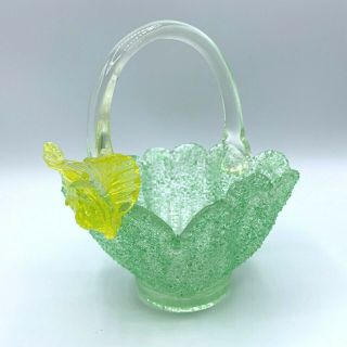 Vintage Green Art Glass Basket Frit Textured With Applied Flower And Handle