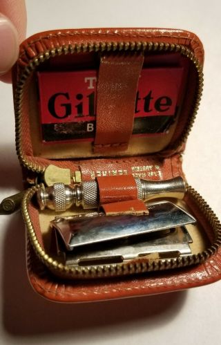 Vintage Gillette Travel Safety Razor Zippered Leather Kit,  Complete 2