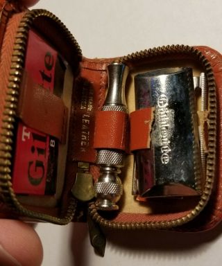 Vintage Gillette Travel Safety Razor Zippered Leather Kit,  Complete 3