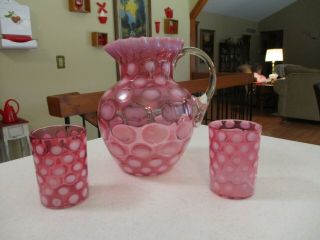 Vintage Fenton Cranberry Opalescent Coin Spot / Dot Optic Pitcher & Two Tumblers