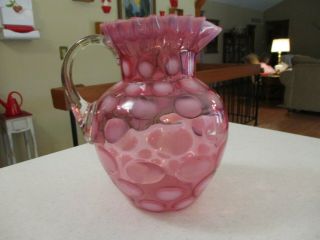 Vintage Fenton Cranberry Opalescent Coin Spot / Dot Optic Pitcher & Two Tumblers 3