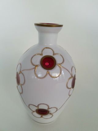 Vintage Bohemian Czech Milk Glass Cut To Cranberry Cased Glass Gold Trim Vase