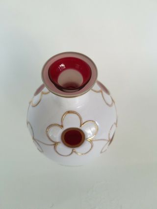 Vintage Bohemian Czech milk glass cut to Cranberry cased glass gold trim vase 3