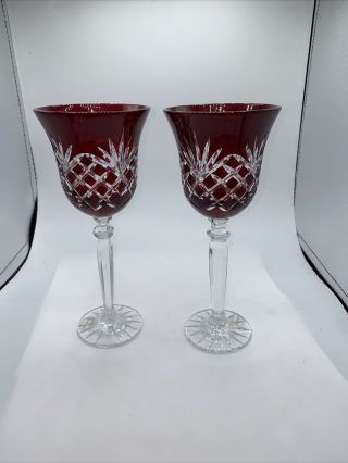 Vintage Czech Bohemian Cut To Clear Crystal Ruby Red Wine Glass Set Of 2