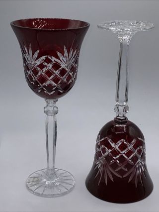 Vintage Czech Bohemian Cut To Clear Crystal Ruby Red Wine Glass set of 2 3