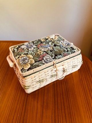 Azar Woven Wicker Sewing Basket Box W/ Floral Padded Fabric Top - Vtg Retro Euc