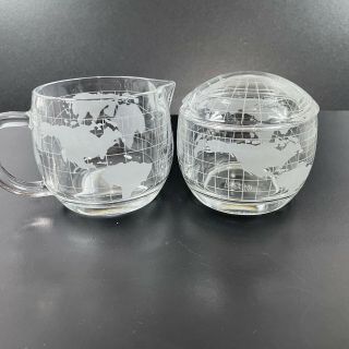 Vintage 70 ' s Nestle Nescafe World Globe Etched Glass Creamer & Sugar Bowl w Lid 3