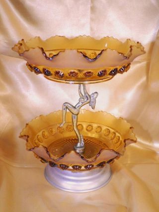 Antique Art Deco Two Tier Cake Stand Nude Dancing Lady Davidson Depression Glass