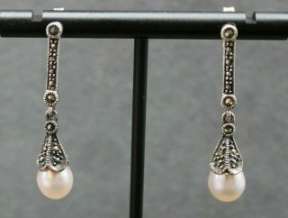 Vintage Sterling Silver 925 Marcasite Pearl Dangling 1.  5 " Earrings (o3l)
