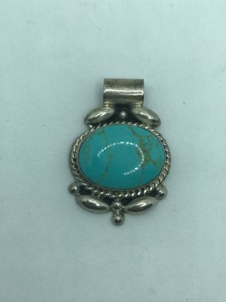 Vintage Ati Mexico Oval Turquoise Inlay Sterling Silver 925 Pendant 1.  5 "