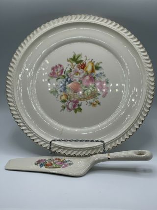 The Harker Pottery Company Floral Cake Plate With Spatula 22k Gold Trim