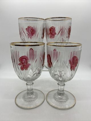 4 Vintage Jeannette Glass Iris & Herringbone Corsage Ruby Stained 5 - 1/2” Goblets
