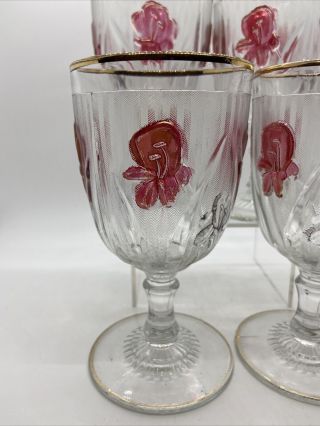 4 Vintage Jeannette Glass Iris & Herringbone Corsage Ruby Stained 5 - 1/2” Goblets 2