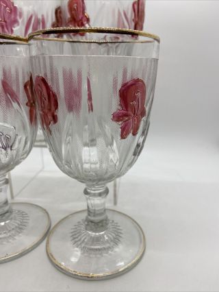 4 Vintage Jeannette Glass Iris & Herringbone Corsage Ruby Stained 5 - 1/2” Goblets 3