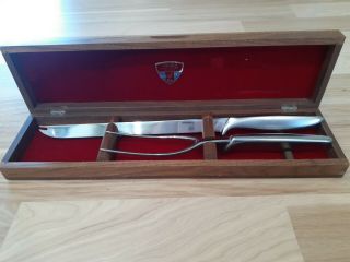 Vtg Gerber Legendary Blades Carving Fork & Knife Walnut Hinged Box 2