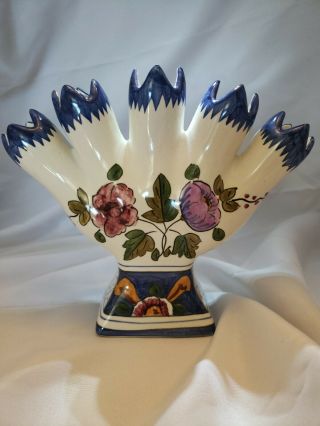 Portugal Five Finger Vase In Blue White With Flowers Ceramic Hand Painted