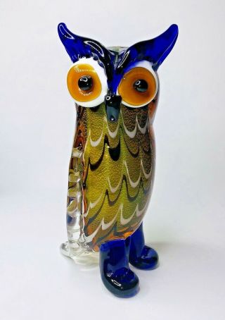 Multi Colored Murano Style Hand Made Art Glass Owl Figurine Big Eyes 8.  5 " Tall