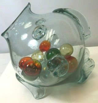 Large 12 " Hand Blown Glass Open Mouth Fish Art Bowl With 12 Glass " Bubble " Balls