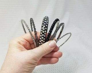 Vintage Set Of 6 Stackable Black Gray And Crystal Silver Tone Bangle Bracelets