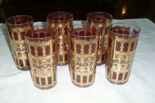 (6) Vintage Mcm Culver Cranberry & Gold Scroll Highball Glasses Tumblers