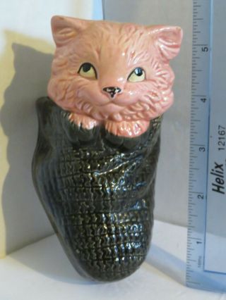 Vintage Pink Kitten In Black Knit Sock Ceramic Wall Pocket Unmarked Cute
