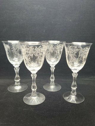 4 Fostoria " Meadow Rose " Etched Crystal Wine Goblets Glasses Stem 6016