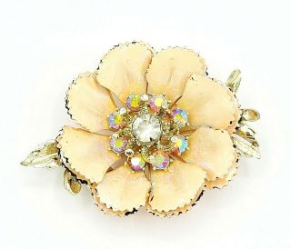 Vintage Coro Enamel Rhinestone Flower Brooch Pin Estate Jewelry Goldtone 3 "