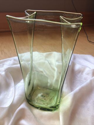 Blenko Art Glass Vase Hand Blown Green Paper Bag Shaped 8.  25 ".