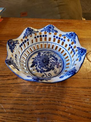 Vintage White Blue Delft Style Reticulated Porcelain Fruit Basket Bowl Lattice