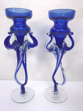 Makora Krosno Candlestick Holders Cobalt Blue Art Glass Poland Pair 9 "