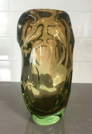 Vintage Skrdlovice Jan Beranek Cinnamon Amber & Green Glass Vase 1950 - 1970s